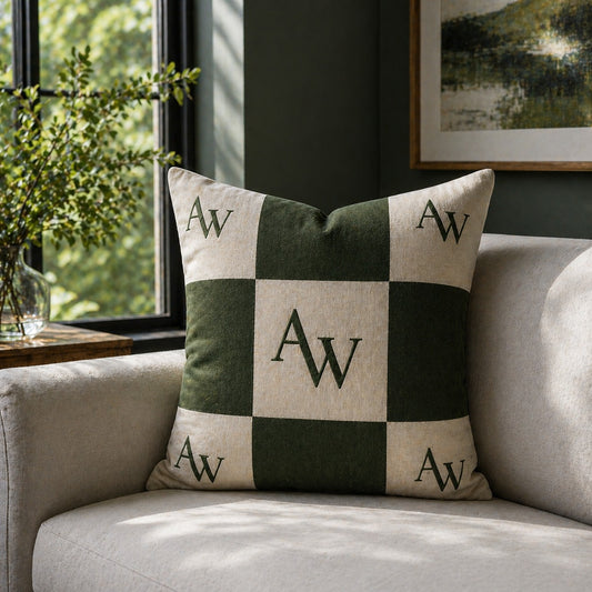 Heritage AW Checker Cushion – Forest Green & Stone