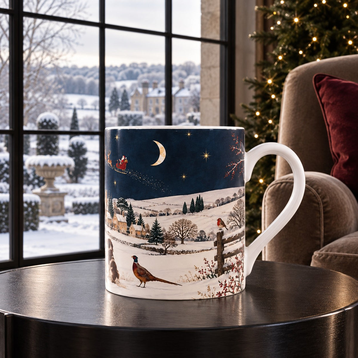 Winter wildlife mug with stag and hare overlooking snow-covered British countryside beneath a midnight blue sky