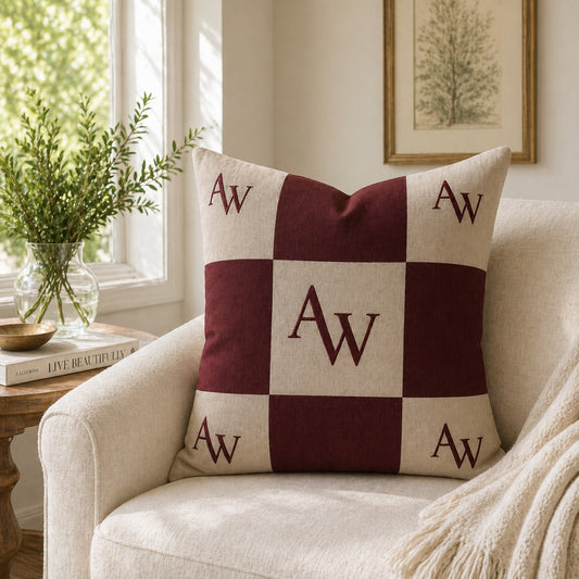 Heritage AW Checker Cushion – Oxblood & Taupe