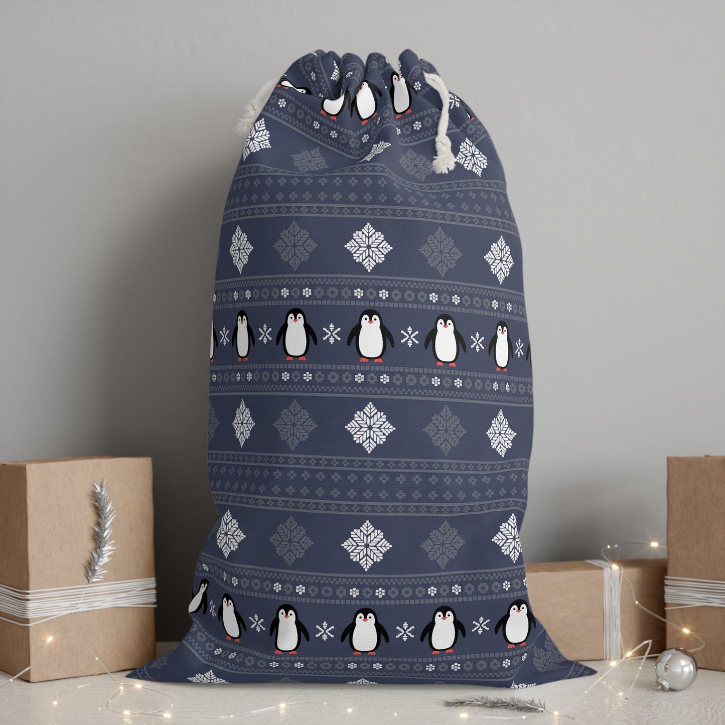 Festive Blue Penguin Christmas Sack | Scandinavian Design Holiday Decor