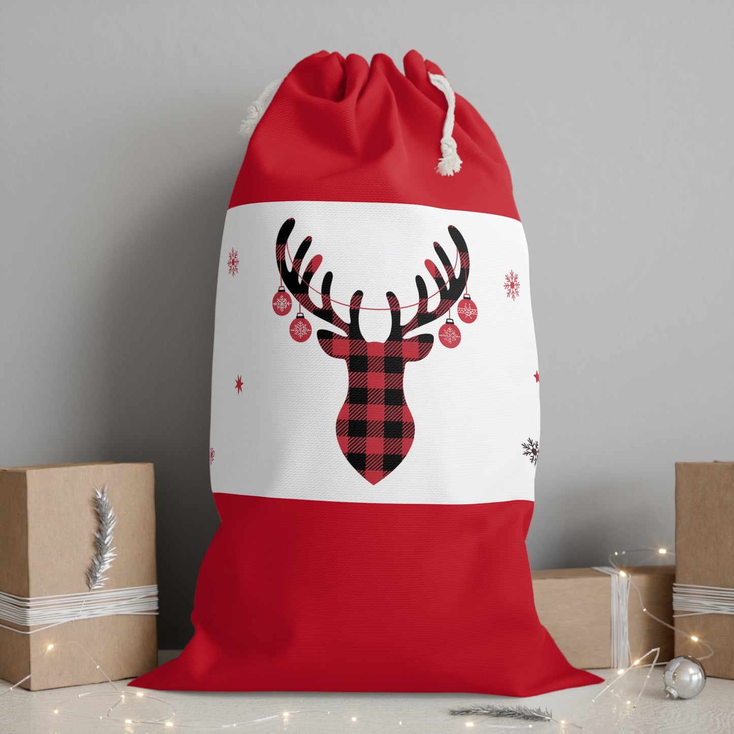 Chic Red and Black Gingham Reindeer Christmas Sack