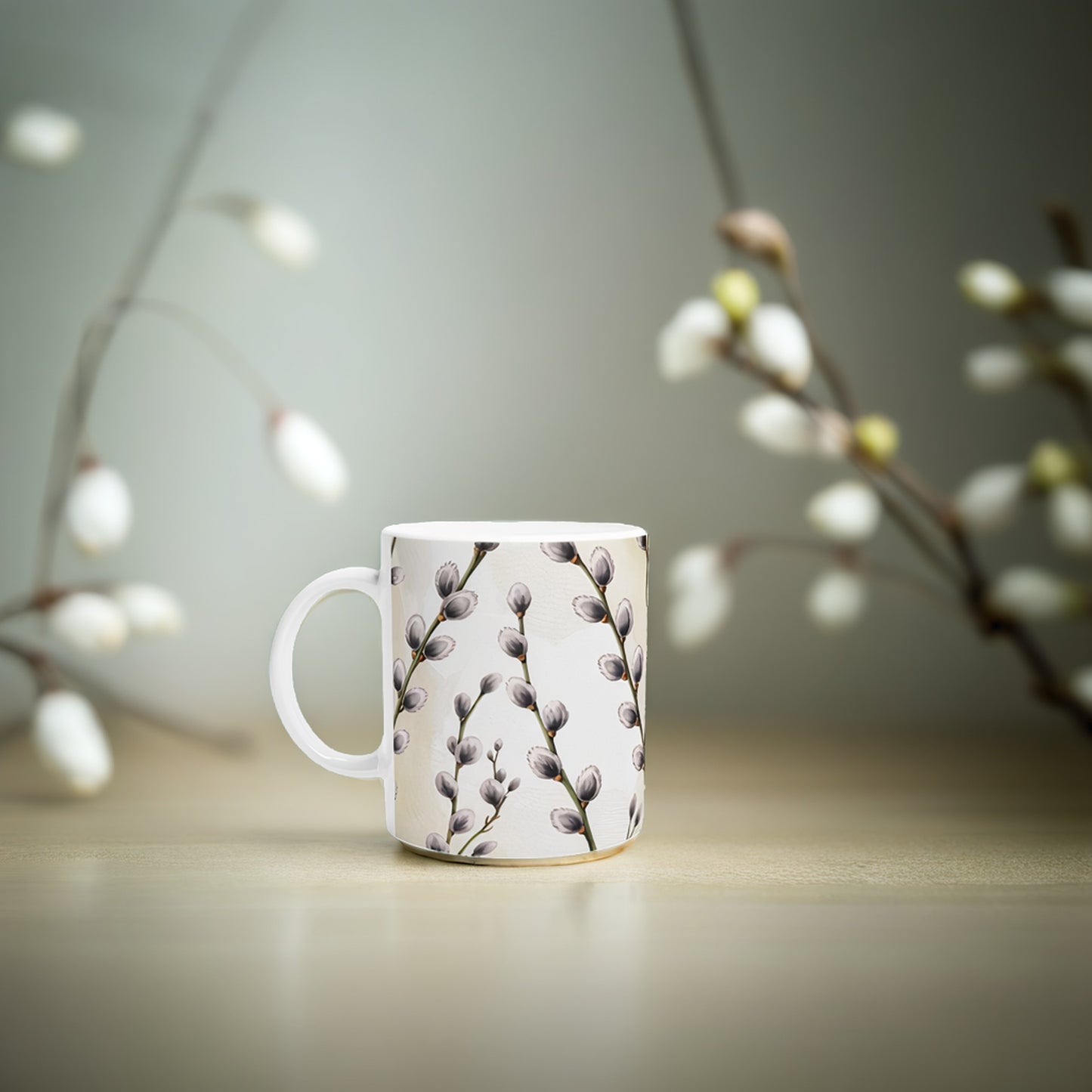 Unique Pussy Willow Pottery Mug - Floral Ceramic Tea Cup