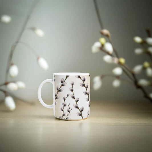 Unique Pussy Willow Pottery Mug - Floral Ceramic Tea Cup