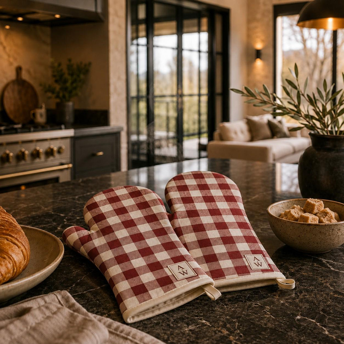 The Heritage Gingham Oven Mitts – Burgundy