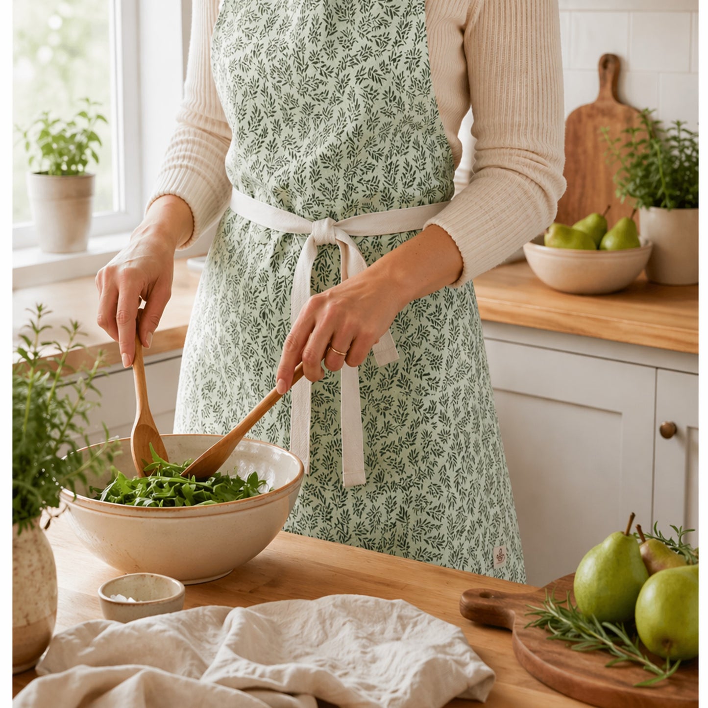 Sage Green Willow Apron – Minimal Botanical Kitchen Linen
