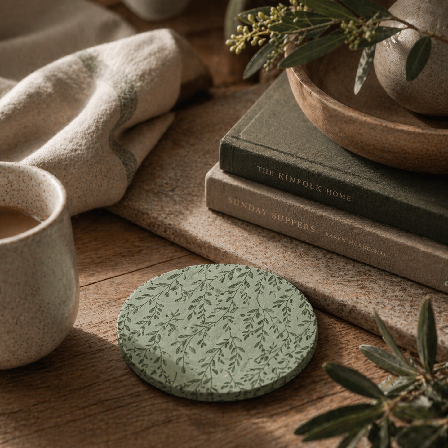 Sage Green Willow Coaster – Minimal Botanical Tableware