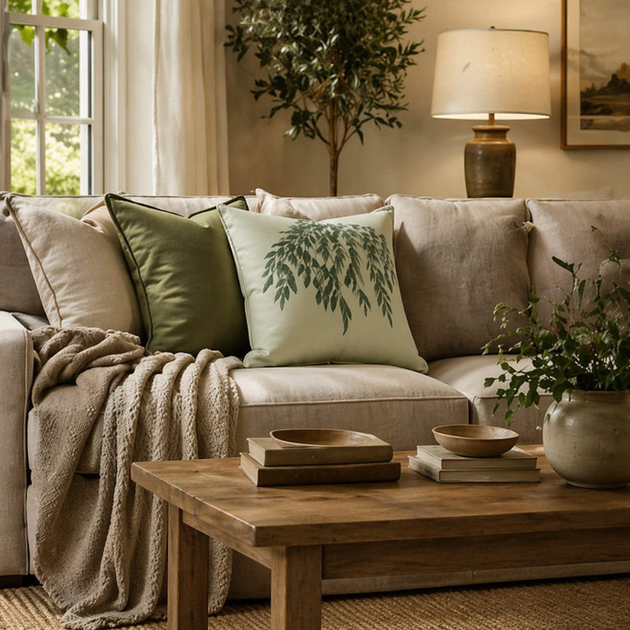 Sage Green Willow Cushion – Minimal Botanical Cushion