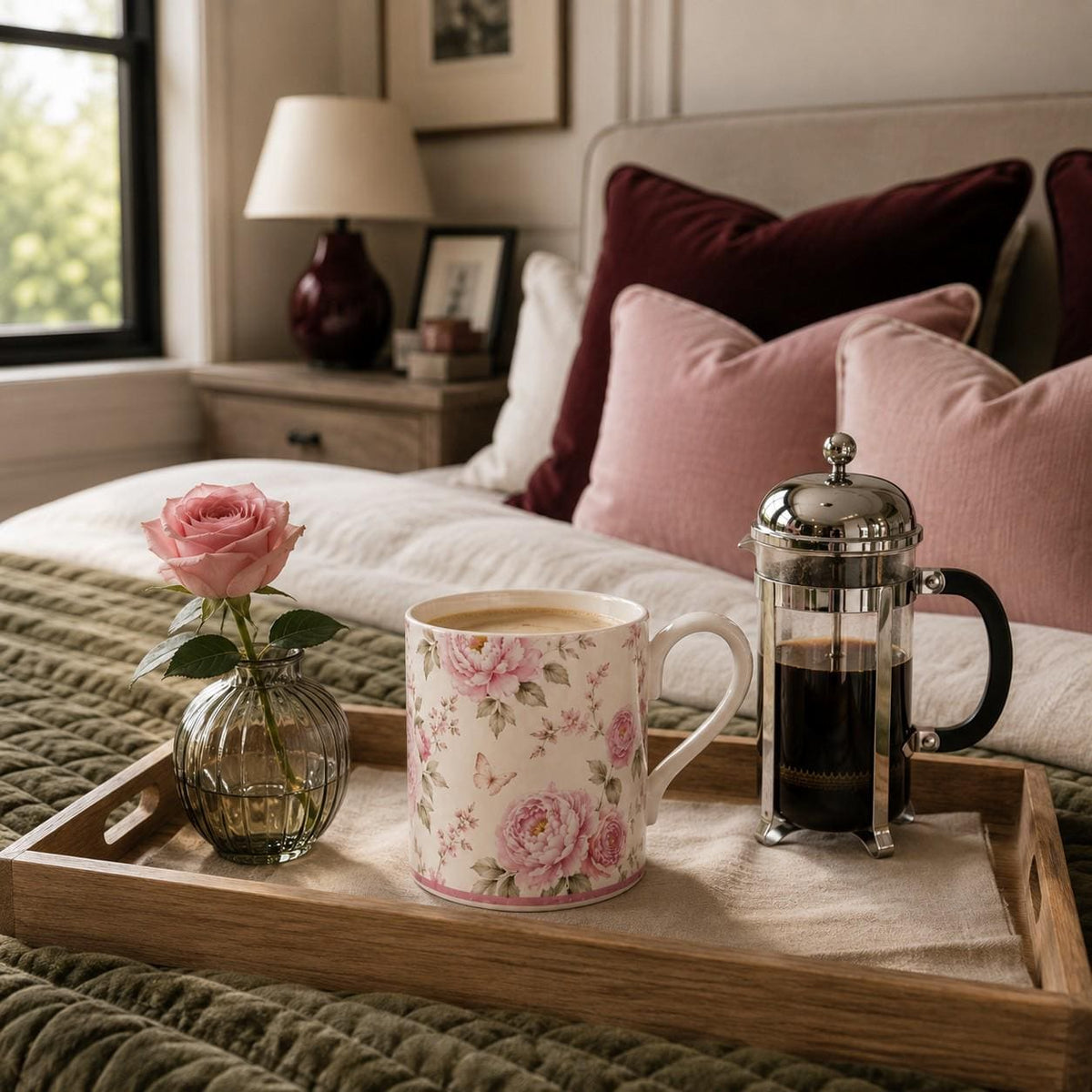 Country Garden Peony fine bone china mug with blush pink peonies, delicate flowering stems, butterfly and muted green foliage on warm ivory