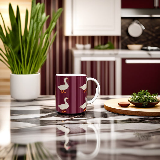 Ceramic Mug with Geese Design with Burgundy Stripes