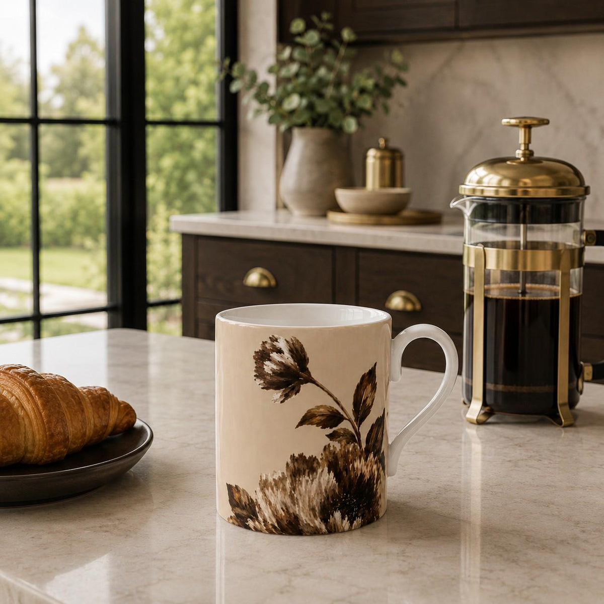 Mulberry & Stone Floral fine bone china mug with wraparound painterly flowers in espresso, warm brown, taupe and soft cream