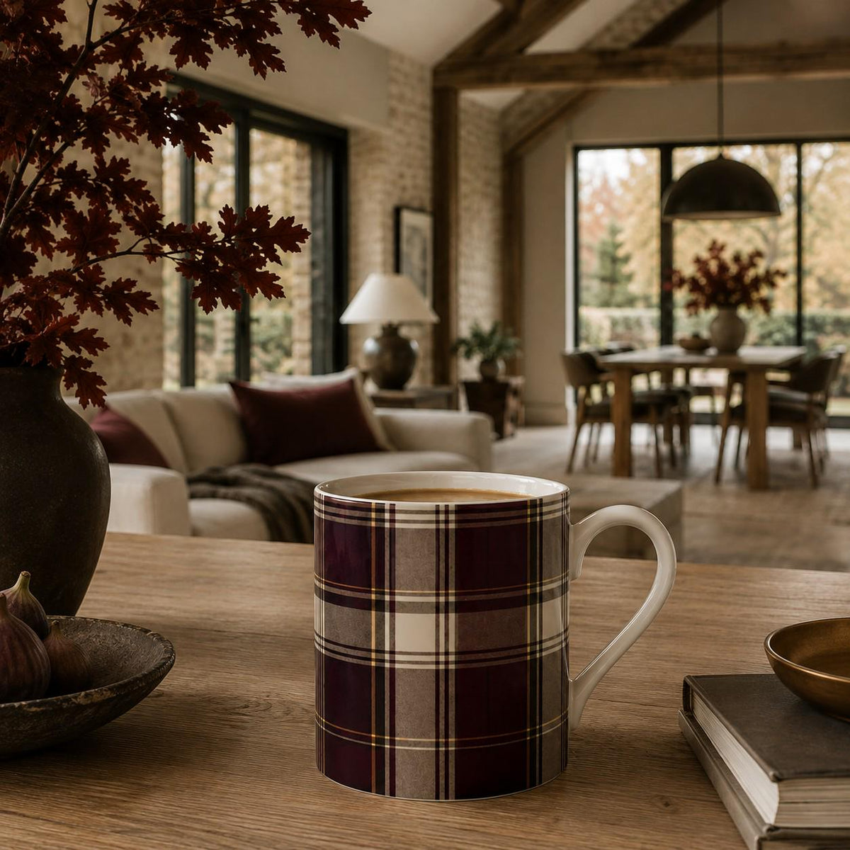 Fine bone china mug with burgundy, espresso, taupe and cream country check design