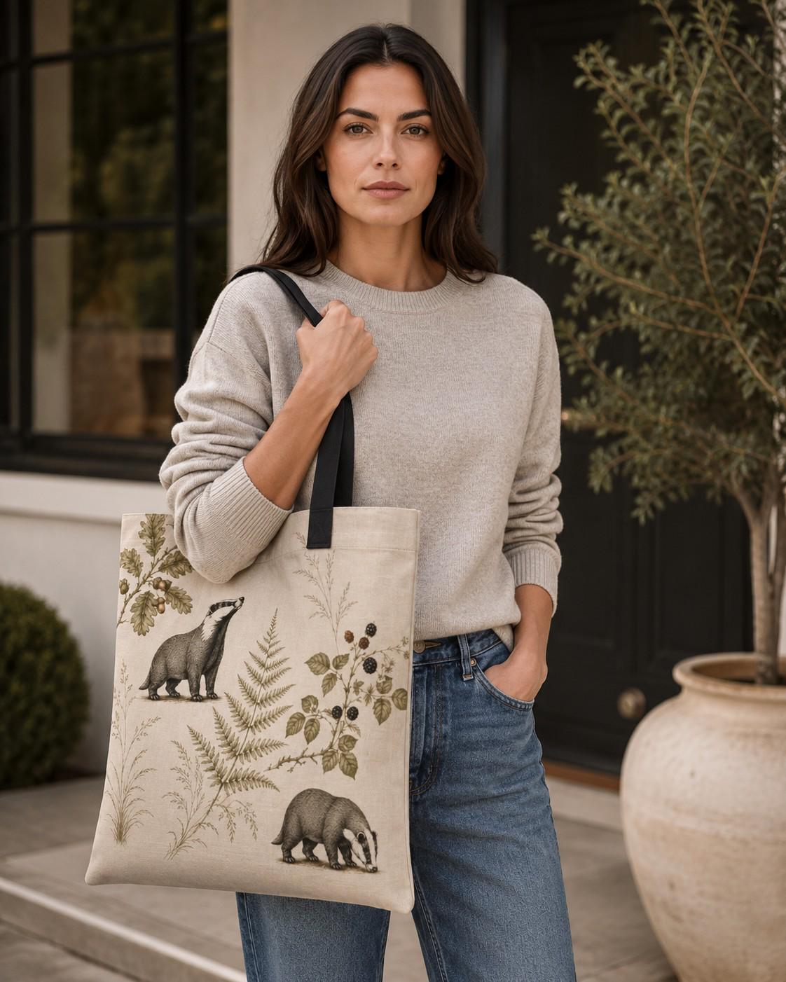 Badger & Bramble organic cotton tote bag featuring illustrated badgers amongst ferns, brambles and dark berries with black handles